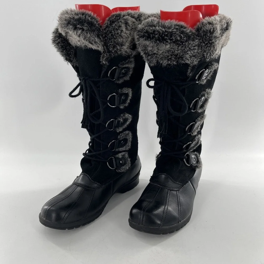 Vintage Nine West Knee High Womens 10 M Black Tall Mucker Duck Leather Suede Fur
